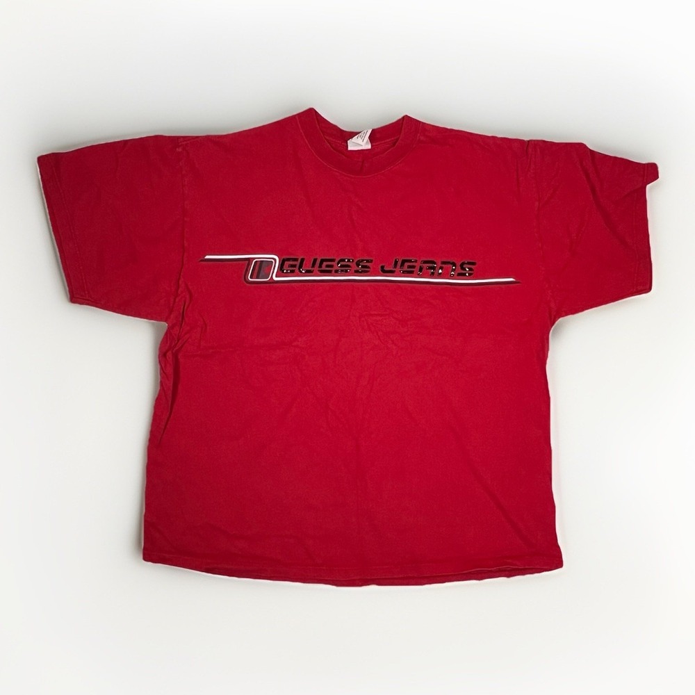 VTG 90's Guess Jeans red t-shirt with a horizontal logo stripe Rare Unique Sz XL